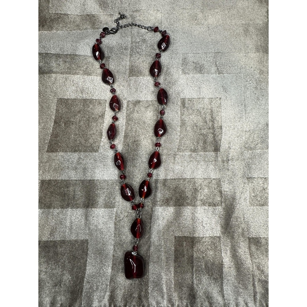 Vicky Jousan Red Glass Bead Statement Necklace Long Y Pendant Gunmetal Chain